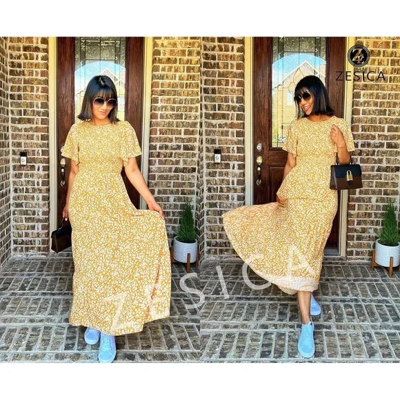 Women's Yellow Summer Casual Floral Print Short Flutter Sleeve Flowy Maxi Dress